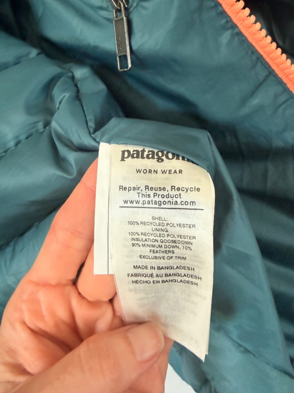 Patagonia Goose Down Sweater Puffer Jacket Teal/peach women's Large - Picture 4 of 10